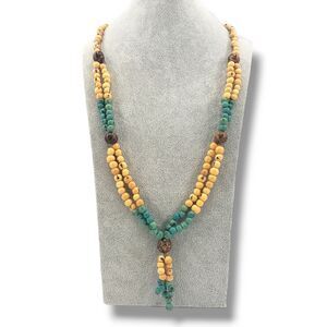 Brown Natural Blue Acai Beaded Handmade Boho Necklace Double Strand Long Vintage